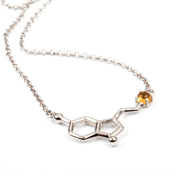 Gemstone Serotonin necklace, Sterling Silver jewelry molecular, precious stone necklace biology