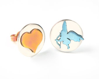 Love earrings Eros, Titanium studs colorful, heart jewelry cupid