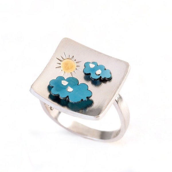 Sunshine ring Clouds, sunburst jewelry titanium, square silver ring