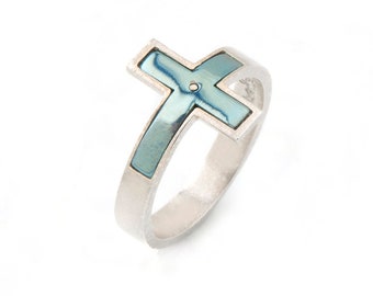 Titanium sideways Cross ring, Sterling Silver jewelry handmade, mixed metal ring religious