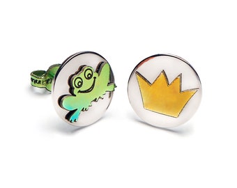 Frog titanium jewelry Crown, kiss the frog fairytale studs, colorful earrings funnyd