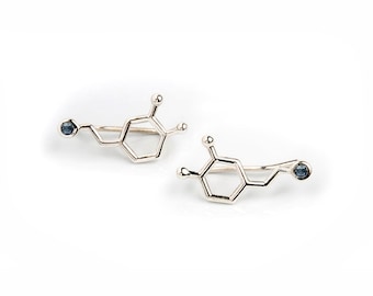 Dopamine Molecule ear climbers, Solid Gold earrings hormone, gemstone jewelry science gift