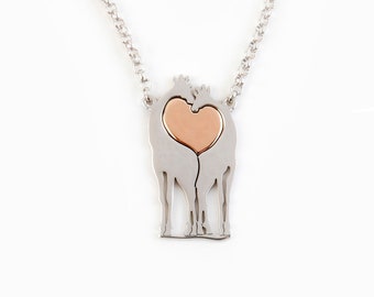 Giraffe love Necklace Silver, gold heart jewelry,  mixed metal pendant