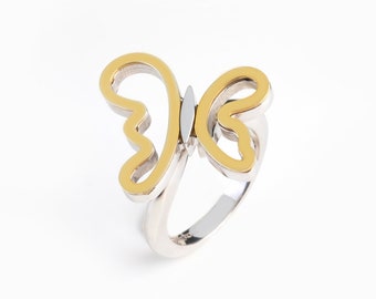 Mixed metal Butterfly ring, fairytale jewelry Gold solid, insect ring Silver 925