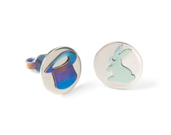 Wizard earrings Titanium, magician top hat studs, bunny rabbit earrings colorful