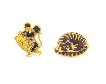 Cat and Mouse with cheese earrings, Solid Gold studs colorful, cute jewelry kawaii