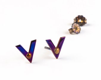 Titanium V earrings, colorful jewelry hypoallergenic, tiny chevron studs