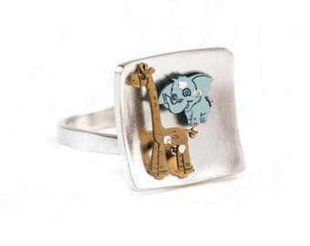 Safari ring Sterling silver, elephant cartoon giraffe, cute animal jewelry titanium