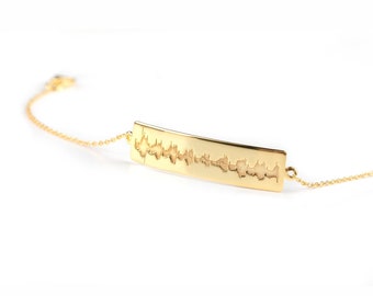 Personalized Heartbeat tag bracelet, solid gold jewelry keepsake, custom bracelet baby newborn
