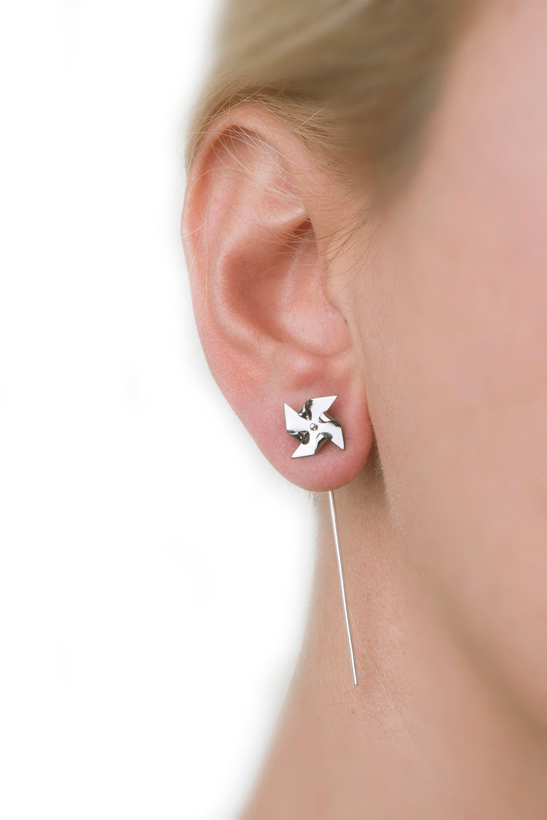 Pinwheel earrings Titanium, teen girl ear jackets, windmill silver earrings cute image 5