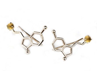 Serotonin chemistry ear climber, Solid Gold ear cuff, gemstone jewelry molecular