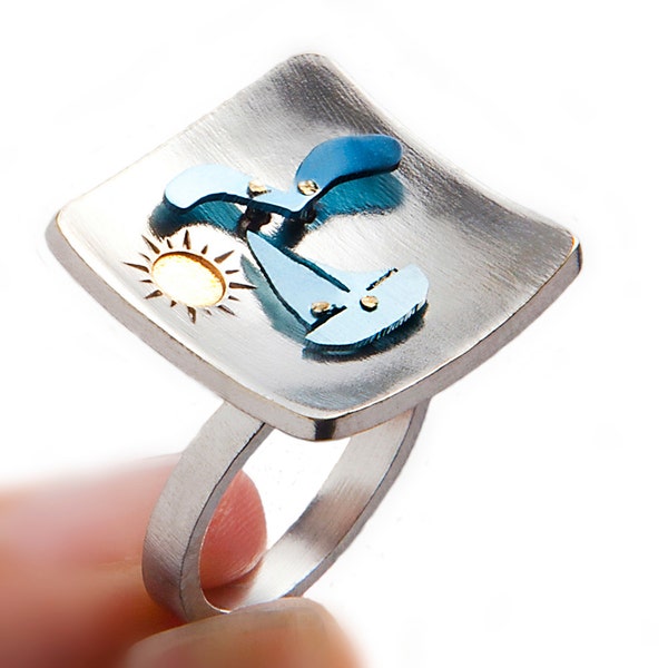 Summer ring, sunburst jewelry, summer beach, silver ring, sail boat, square ring, seagull bird flying, silver with titanium, cute gift