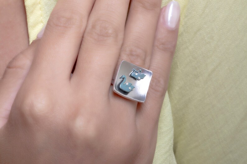 Titanium Swan ring, silver jewelry colorful, animal ring bird image 7