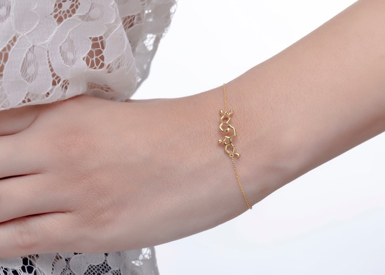 Serotonin Bracelet Dopamine, Solid Gold jewelry chemistry, molecule bracelet gift chemist image 7
