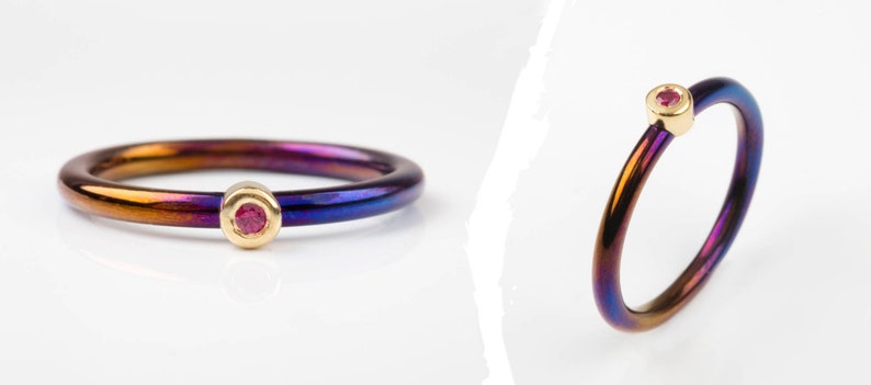 minimal band ring hypoallergenic tiny ring ruby stone thin band jewelry dark color Yellow GOLD and Titanium band July birthstone ring