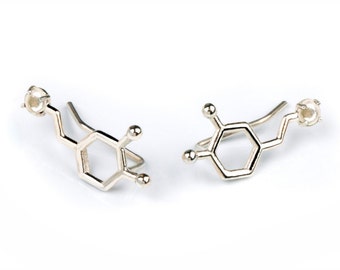 Dopamine gem earrings, birth stone jewelry molecule, sterling silver ear climbers science