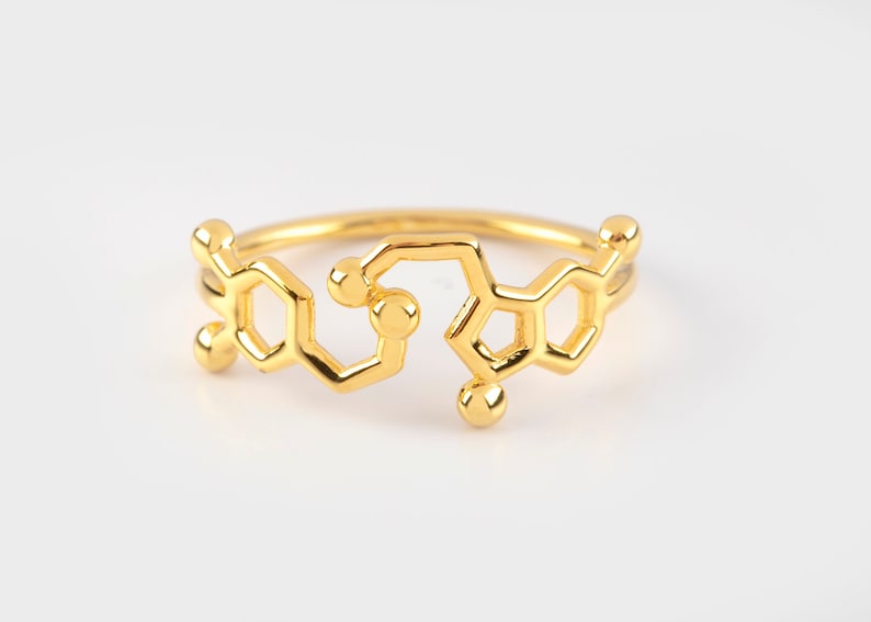 Serotonin ring Dopamine, happiness jewelry molecules, golden gift for scientist image 3