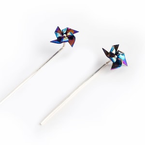 Pinwheel earrings origami, playful ear jackets windmill, cute pin studs silver