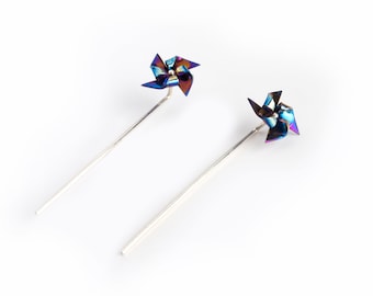 Pinwheel earrings origami, playful ear jackets windmill, cute pin studs silver