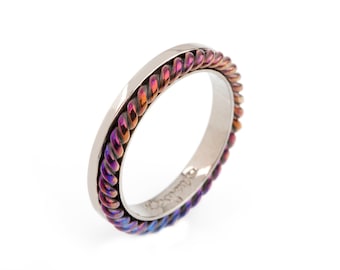 Solid Gold band ring, Titanium wire jewelry elegant, mixed metal ring colorful