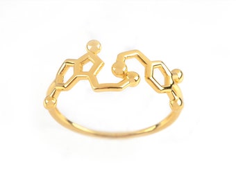 Serotonin ring Dopamine, happiness jewelry molecules, golden gift for scientist