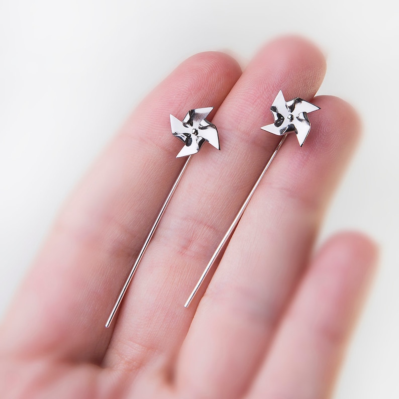 Pinwheel earrings Titanium, teen girl ear jackets, windmill silver earrings cute image 4