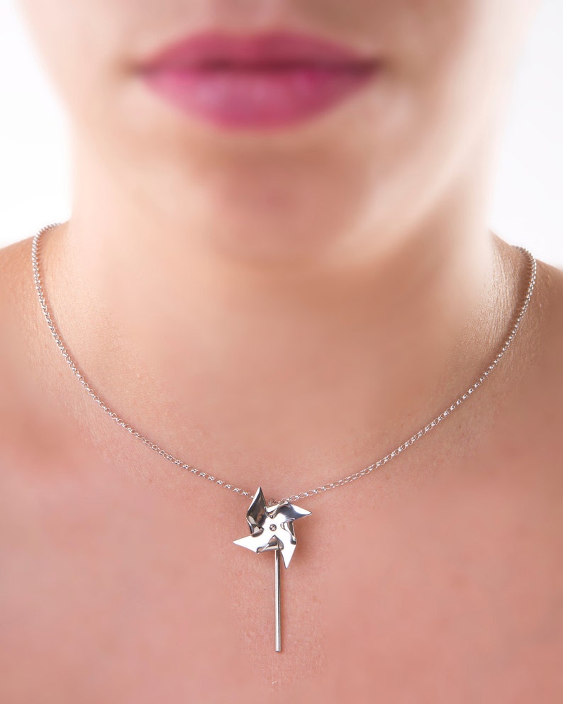 Titanium Pinwheel necklace, origami windmill jewelry, childhood pendant playful image 3