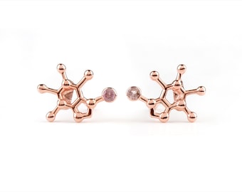 Caffeine molecule stud earrings, semiprecious gem jewelry, tiny coffee posts