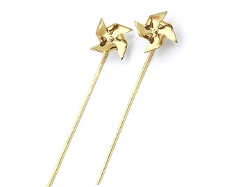 Pinwheel earrings Gold solid, origami ear jackets playful, nostalgic jewelry unique