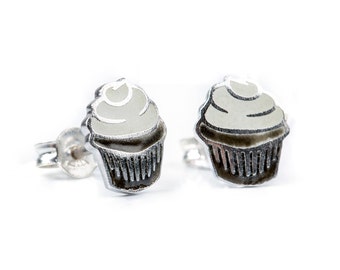 Cupcake studs Enamel, Sterling Silver earrings colorful, miniature food jewelry custom