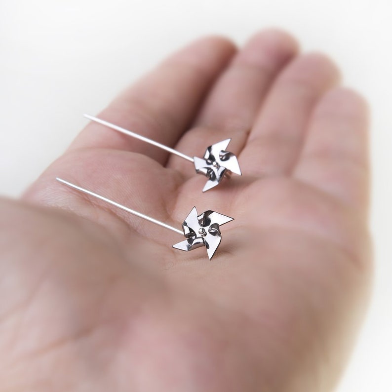 Pinwheel earrings Titanium, teen girl ear jackets, windmill silver earrings cute image 3