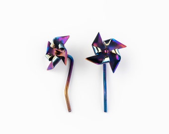 Pinwheel earrings hypoallergenic, origami handmade jewelry, Titanium ear jackets