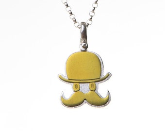 Mustache necklace top hat, hipster jewelry titanium, mixed metal jewelry