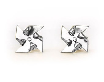 Miniature Windmill earrings, pinwheel studs Titanium, playful jewelry girly