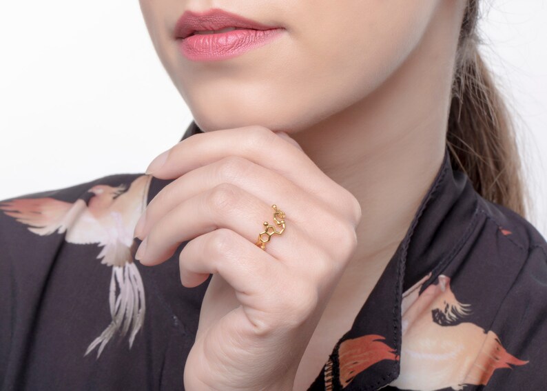 Serotonin ring Dopamine, happiness jewelry molecules, golden gift for scientist zdjęcie 7