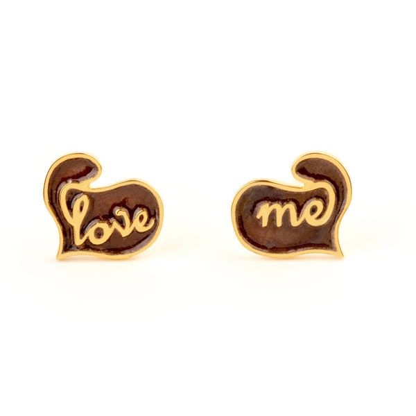 Heart studs enamel, Solid Gold earrings brown, romance jewelry kawaii