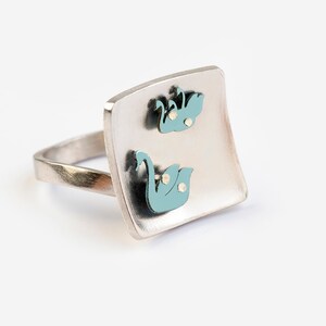 Titanium Swan ring, silver jewelry colorful, animal ring bird image 2