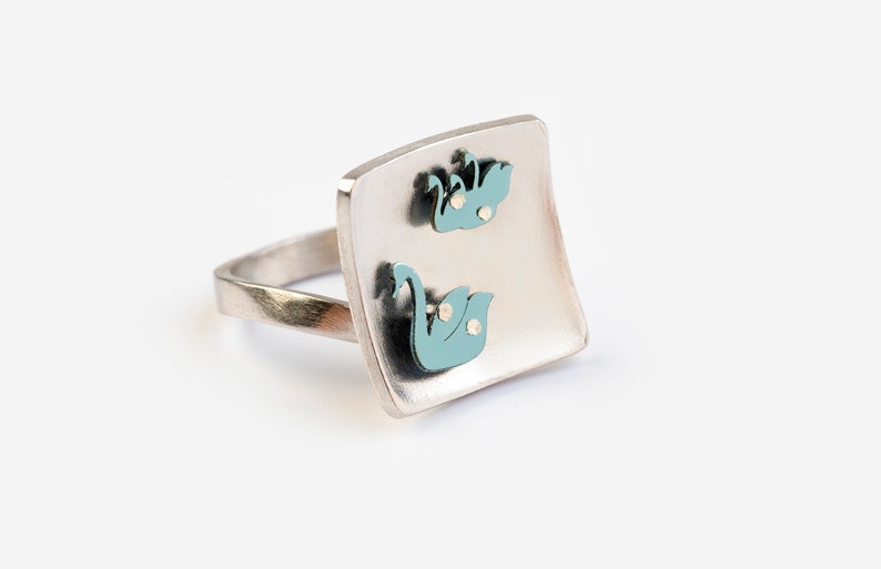 Titanium Swan ring, silver jewelry colorful, animal ring bird image 2