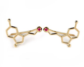 Solid Gold Serotonin earrings, jewelry molecule ear climbers, birthday stone ear cuffs
