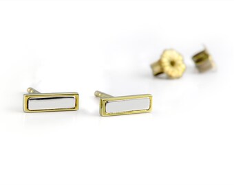 Titanium bar earrings everyday, rectangular ear climbers Gold solid, mixed metal jewelry gift for girlfriend