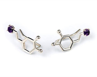 Dopamine molecule ear climbers silver, ear cuff birthstone custom jewelry, science earring dopamine