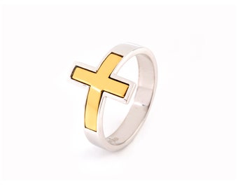 Sideways cross ring, mixed metal jewelry religious, solid Gold cross Silver 925