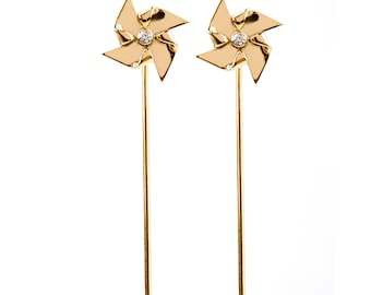 Solid Gold & Diamond Pinwheel earrings, windmill ear jackets playful, precious stone jewelry