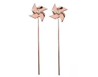 Pinwheel earrings Gold solid, diamond ear jackets windmill, precious stone jewelry playful