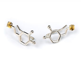 Biology earring with gemstone, Dopamine ear climbers molecular, science jewelry minimal