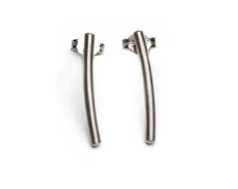 Vertical wire bar earrings, long titanium studs, matte curved bar posts