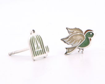 Bird and Cage studs enamel, Solid Gold jewelry kawaii, freedom stud earrings flying