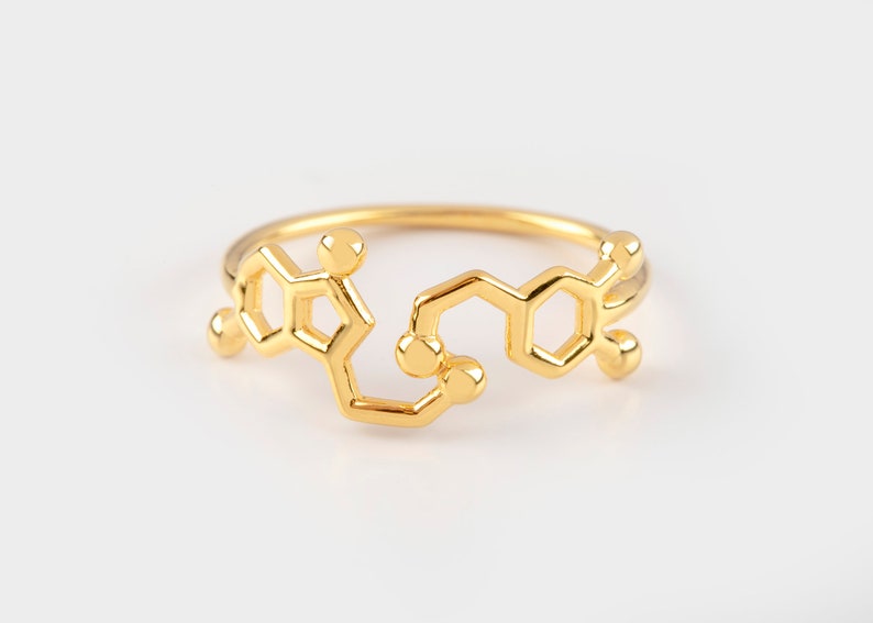 Serotonin ring Dopamine, happiness jewelry molecules, golden gift for scientist image 4