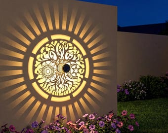 Luces solares para vallas con diseño de árbol de la vida, luces de pared metálicas para terrazas y escalones exteriores