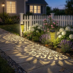 May include: Two solar-powered garden stake lights with intricate cut-out patterns that cast decorative, glowing floral-like shadows onto a stone walkway. The tall, tapered, dark-colored fixtures illuminate the surrounding garden beds.